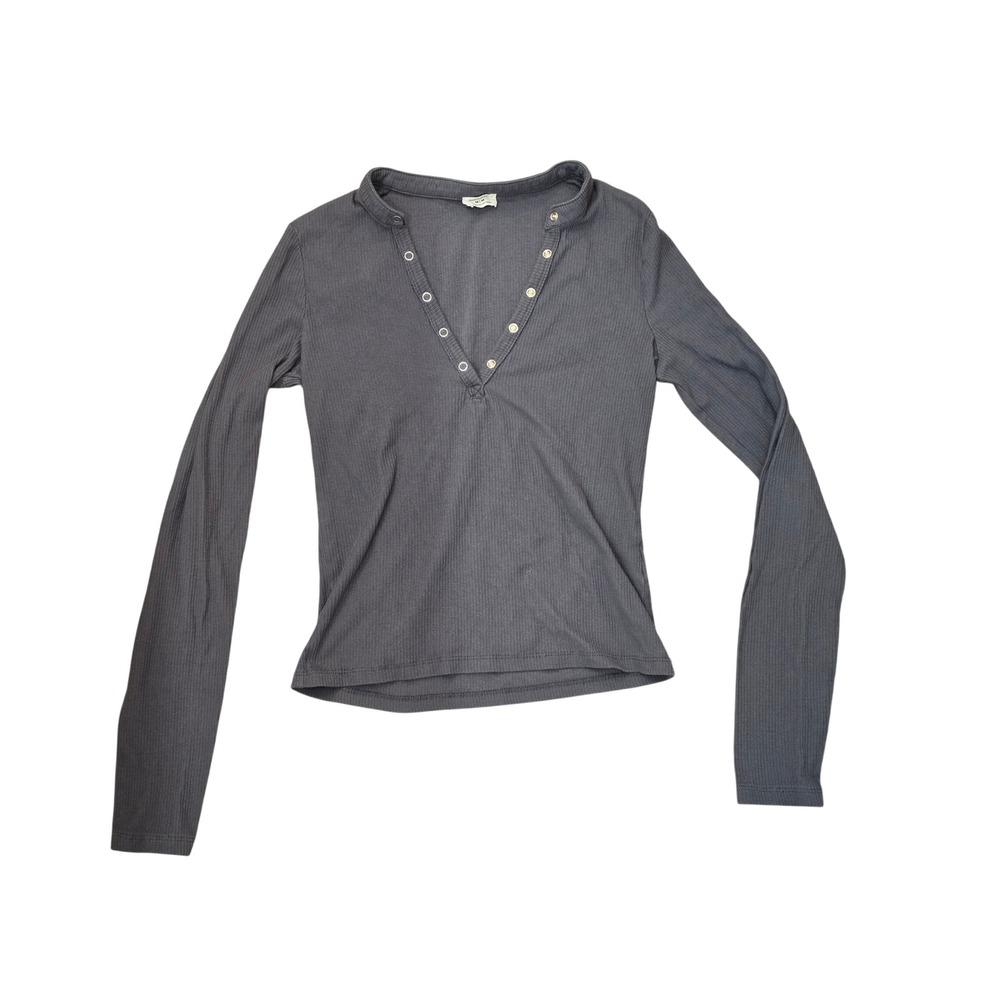 Cotton On Womens Gray Ribbed Henley Long Sleeve Snap Button V-Neck Top Size M